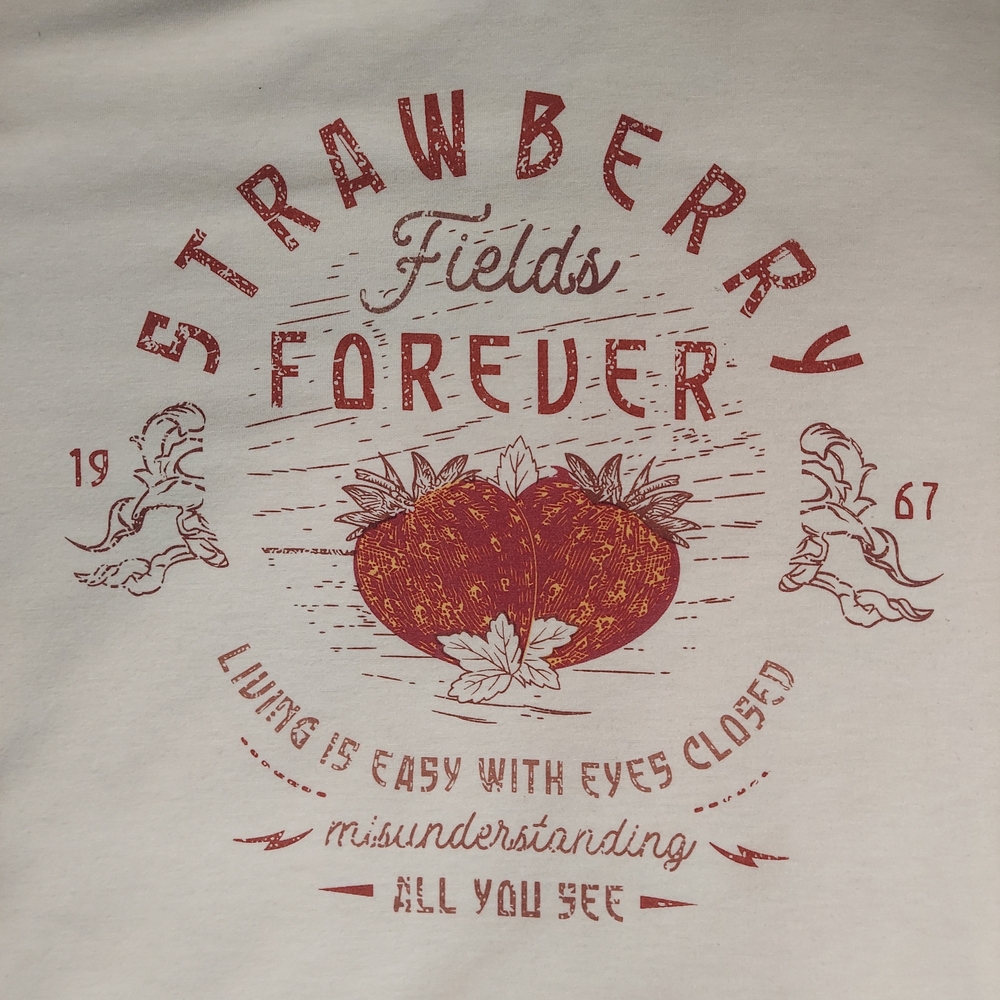 Beatles Strawberry Fields Forever Graphic Tee Cream Beige Women's Plus Size 4XL